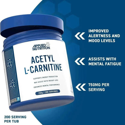Applied Nutrition Acetyl L - Carnitine Powder | Energy & Cognitive Support | 150g | 200 Servings - Nutristore
