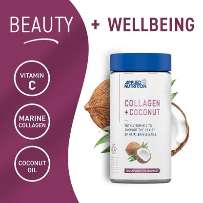 Applied Nutrition Collagen + Coconut Capsules | Marine Collagen, Vitamin C & Coconut Oil | 180 Capsules | 90 Servings - Nutristore