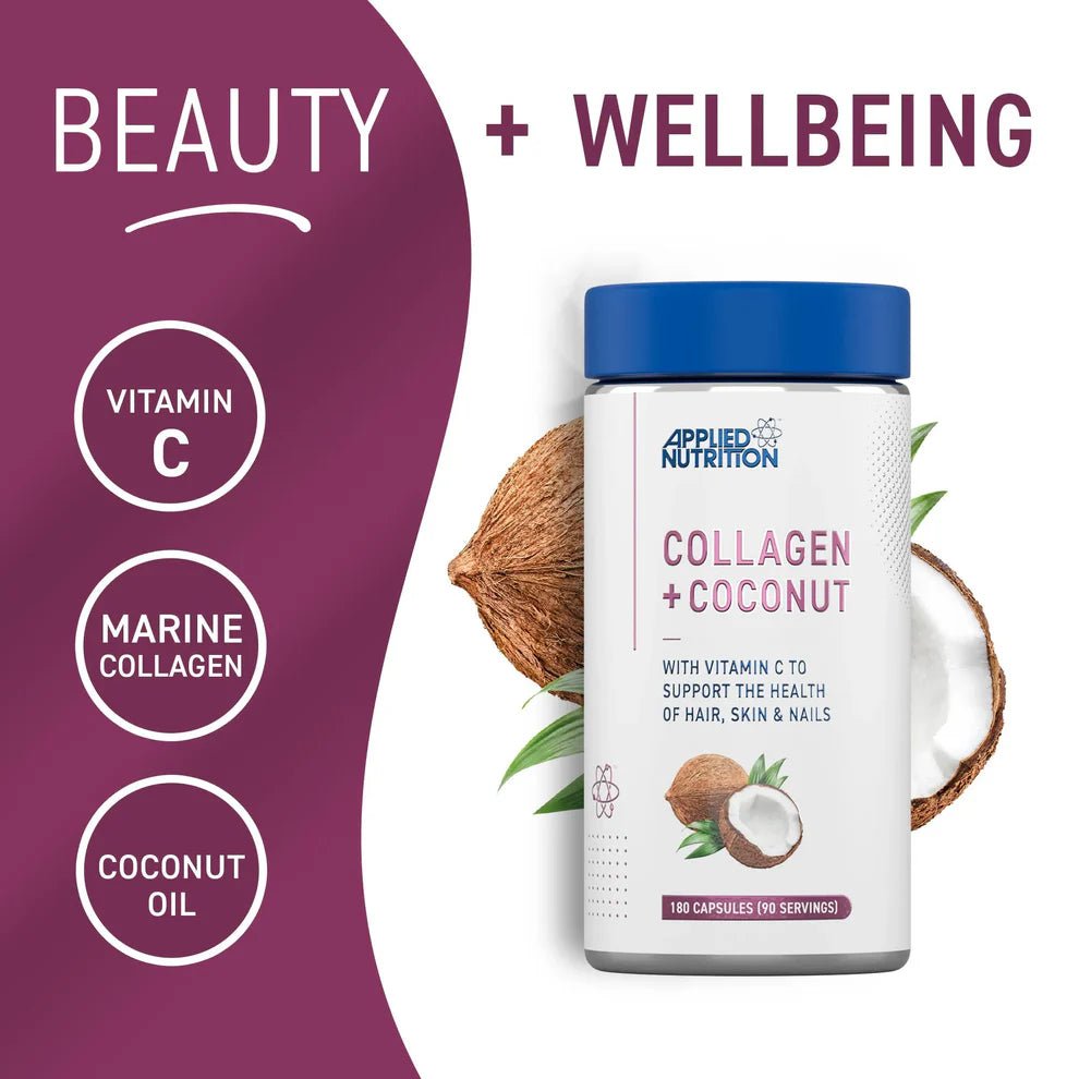 Applied Nutrition Collagen + Coconut Capsules | Marine Collagen, Vitamin C & Coconut Oil | 180 Capsules | 90 Servings - Nutristore