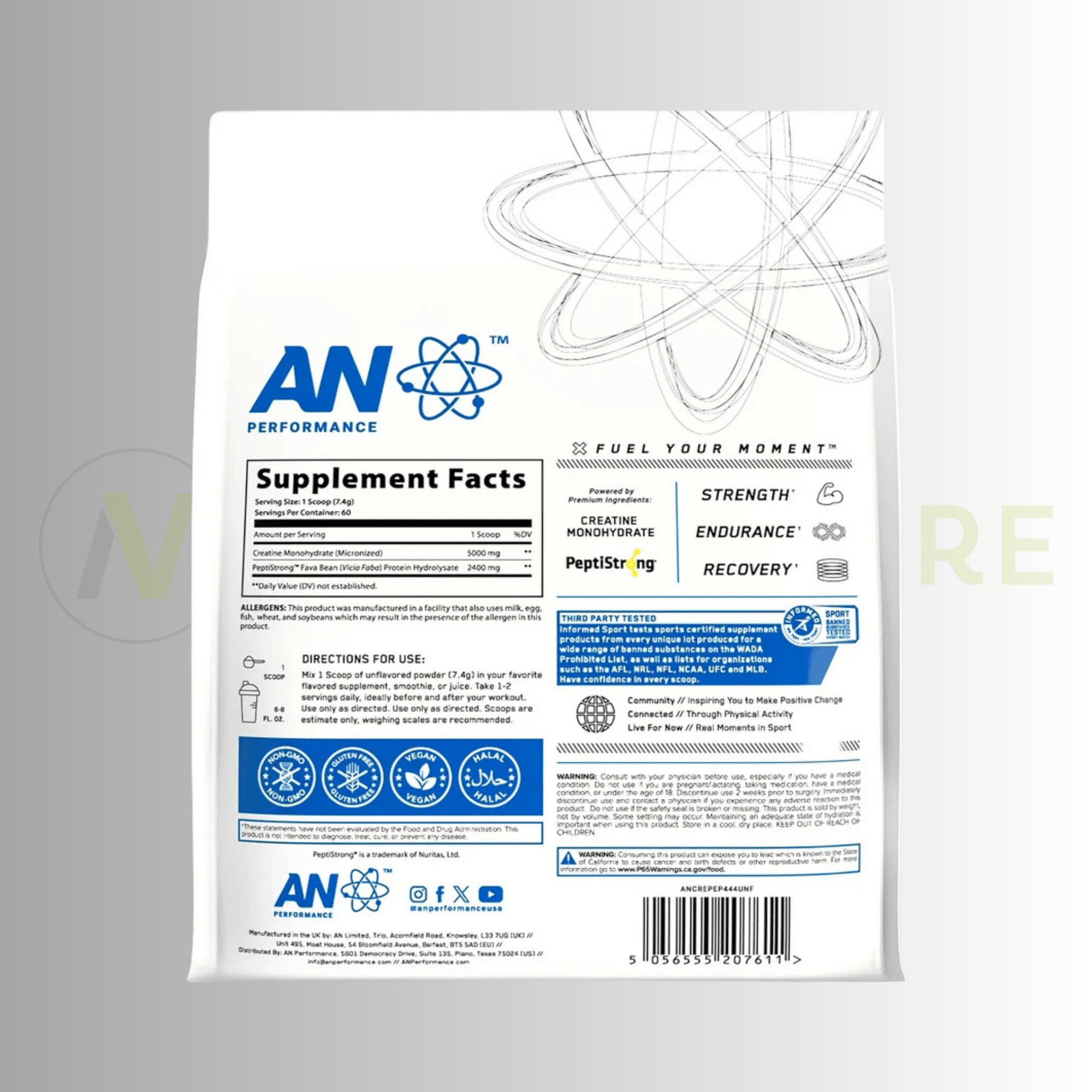 Applied Nutrition Creatine Monohydrate + PeptiStrong® | Strength, Performance & Recovery | 444g | 60 Servings - Nutristore