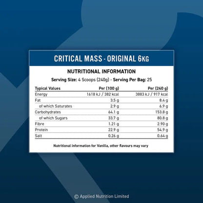 Applied Nutrition Critical Mass Original Formula 6kg Tub (25 servings) - Nutristore