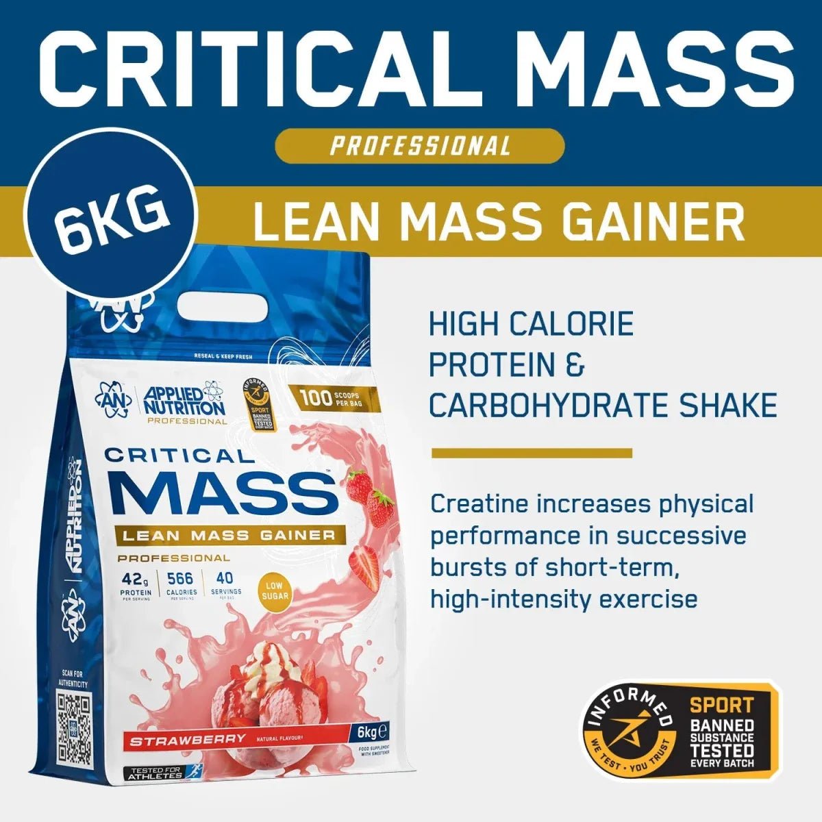 Applied Nutrition Critical Mass Professional – Lean Mass Gainer | 42g Protein | Informed - Sport Tested | 6kg - Nutristore