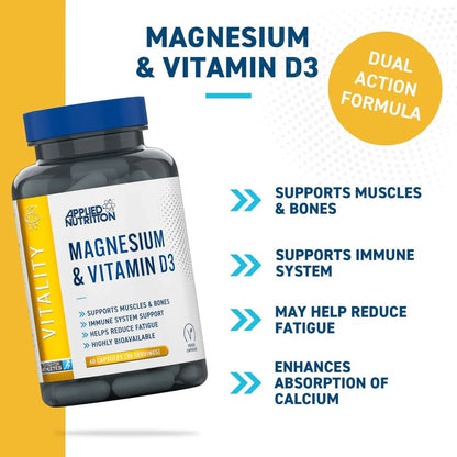 Applied Nutrition Magnesium & Vitamin D3 | 280mg Magnesium | 60 Capsules | 30 Servings - Nutristore