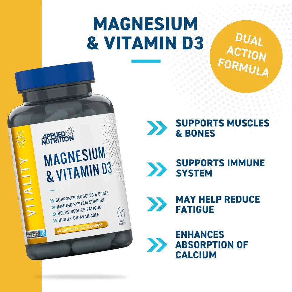 Applied Nutrition Magnesium & Vitamin D3 | 280mg Magnesium | 60 Capsules | 30 Servings - Nutristore