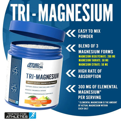 Applied Nutrition Tri - Magnesium Powder | 300mg Elemental Magnesium | 200g | 50 Servings - Nutristore