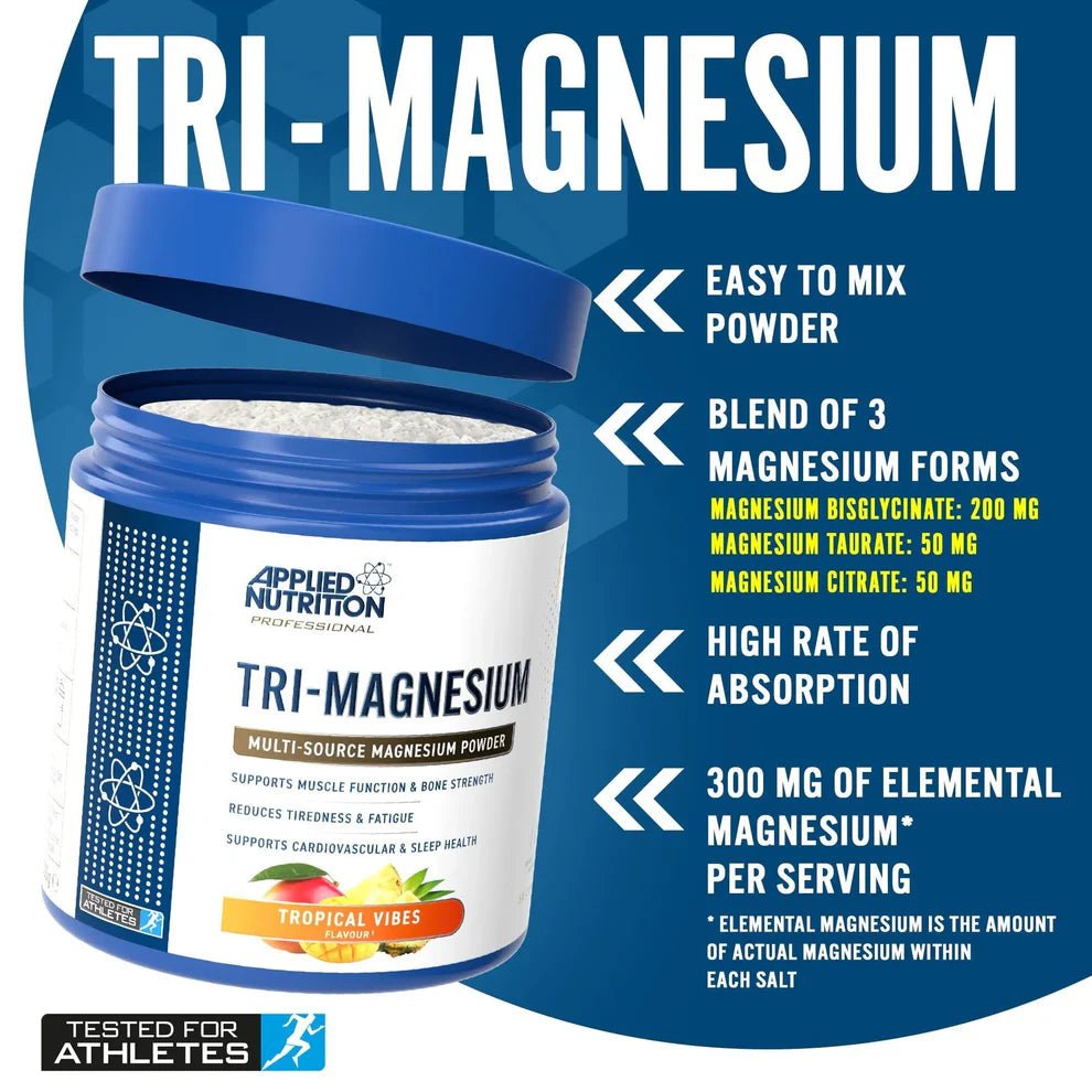 Applied Nutrition Tri - Magnesium Powder | 300mg Elemental Magnesium | 200g | 50 Servings - Nutristore