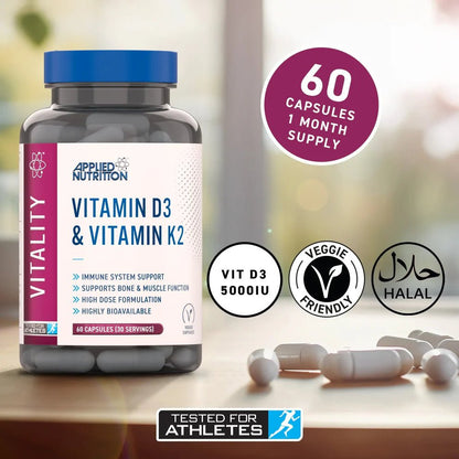 Applied Nutrition Vitamin D3 & K2 | 4000 IU D3 + MK - 7 | 60 Capsules | 60 Servings - Nutristore