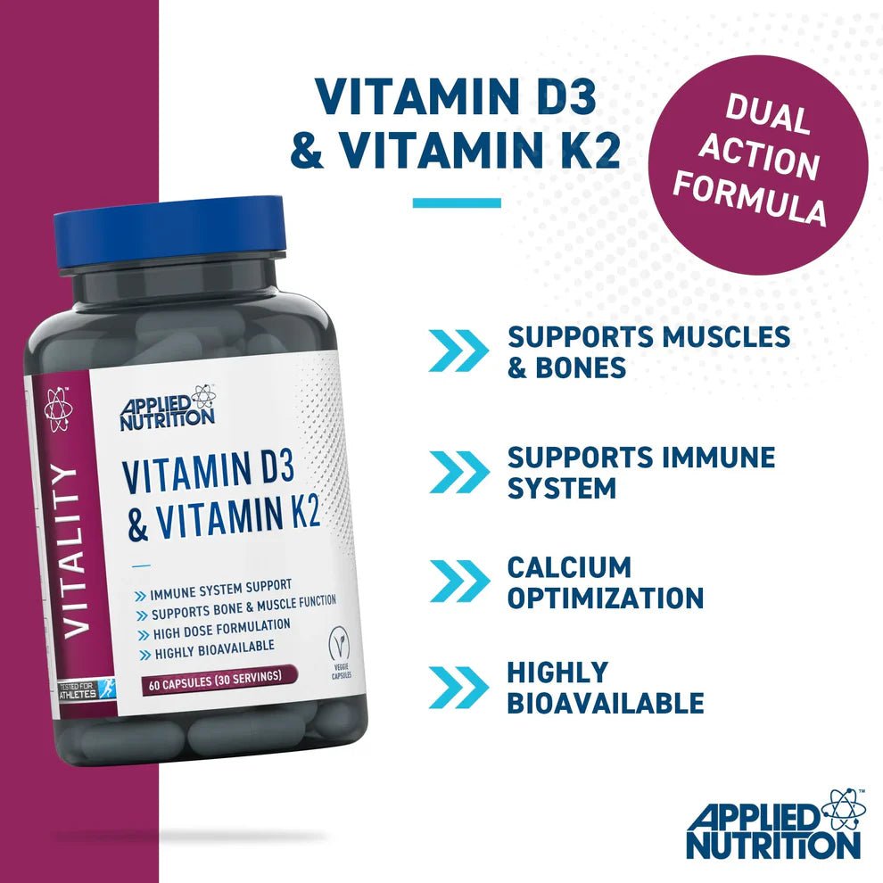 Applied Nutrition Vitamin D3 & K2 | 4000 IU D3 + MK - 7 | 60 Capsules | 60 Servings - Nutristore