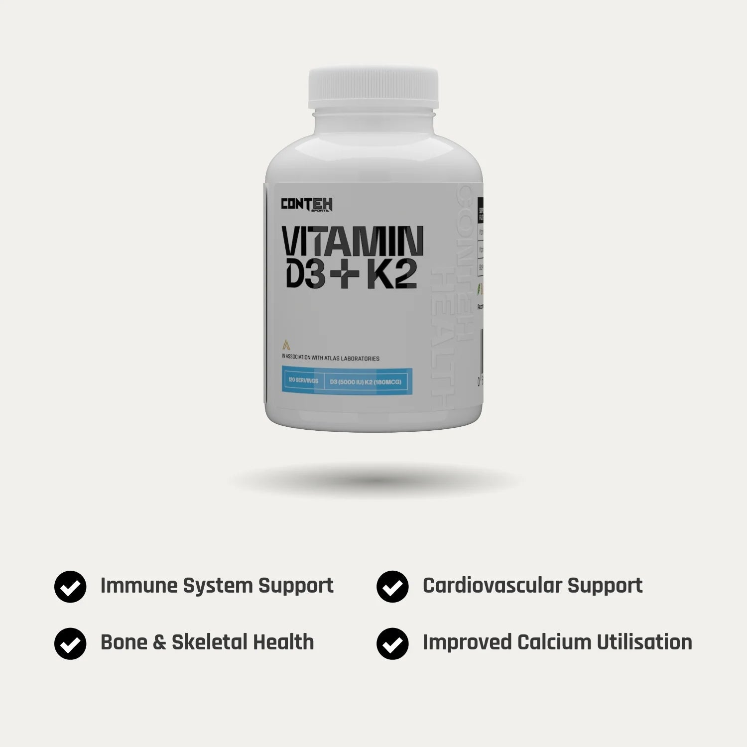 Conteh Sports Vitamin D3 + K2 | High Strength Bone & Immune Support | 120 Tablets | 120 Servings - Nutristore