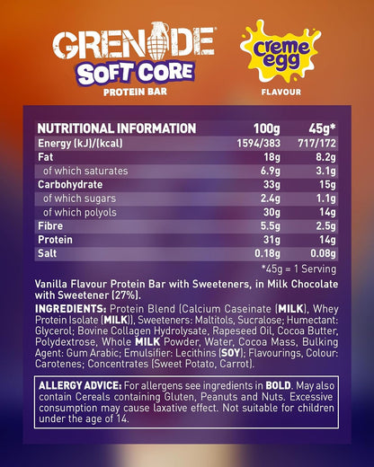 Grenade Soft Core Creme Egg Flavour Protein Bar | 14g Protein | Low Sugar | 45g - Nutristore