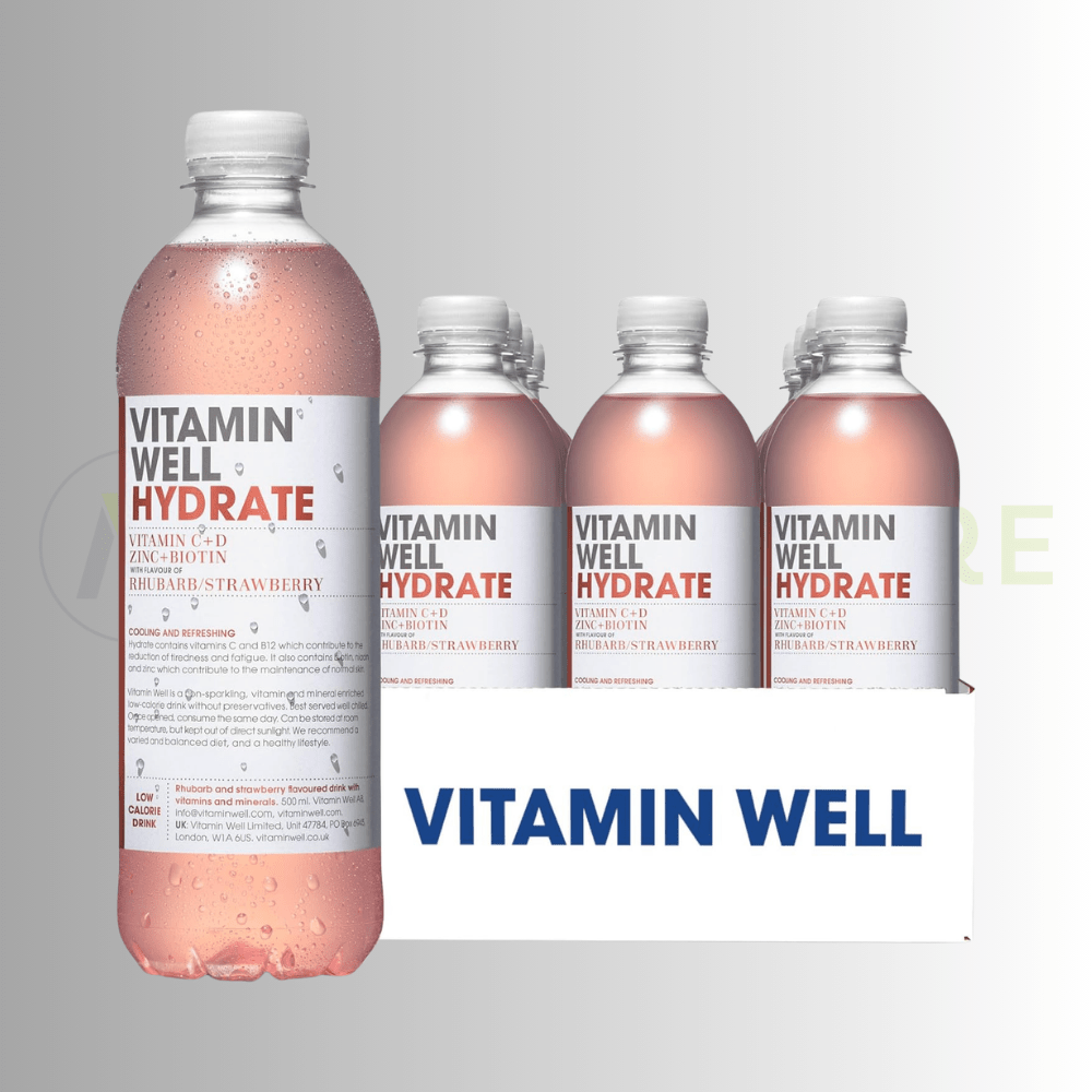 Vitamin Well Hydrate | Rhubarb & Strawberry | Vitamin C + D, Zinc & Biotin | 12 x 500ml - Nutristore