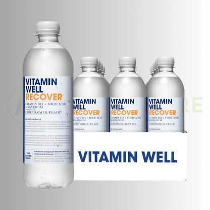 Vitamin Well Recover | Elderflower & Peach | Vitamin B12, Folic Acid & Magnesium | 12 x 500ml - Nutristore